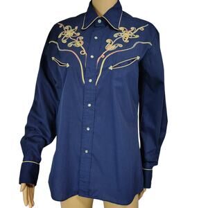 1970s Blue Western Shirt Embroidered Floral Pattern Pearl Snap Buttons Size Med